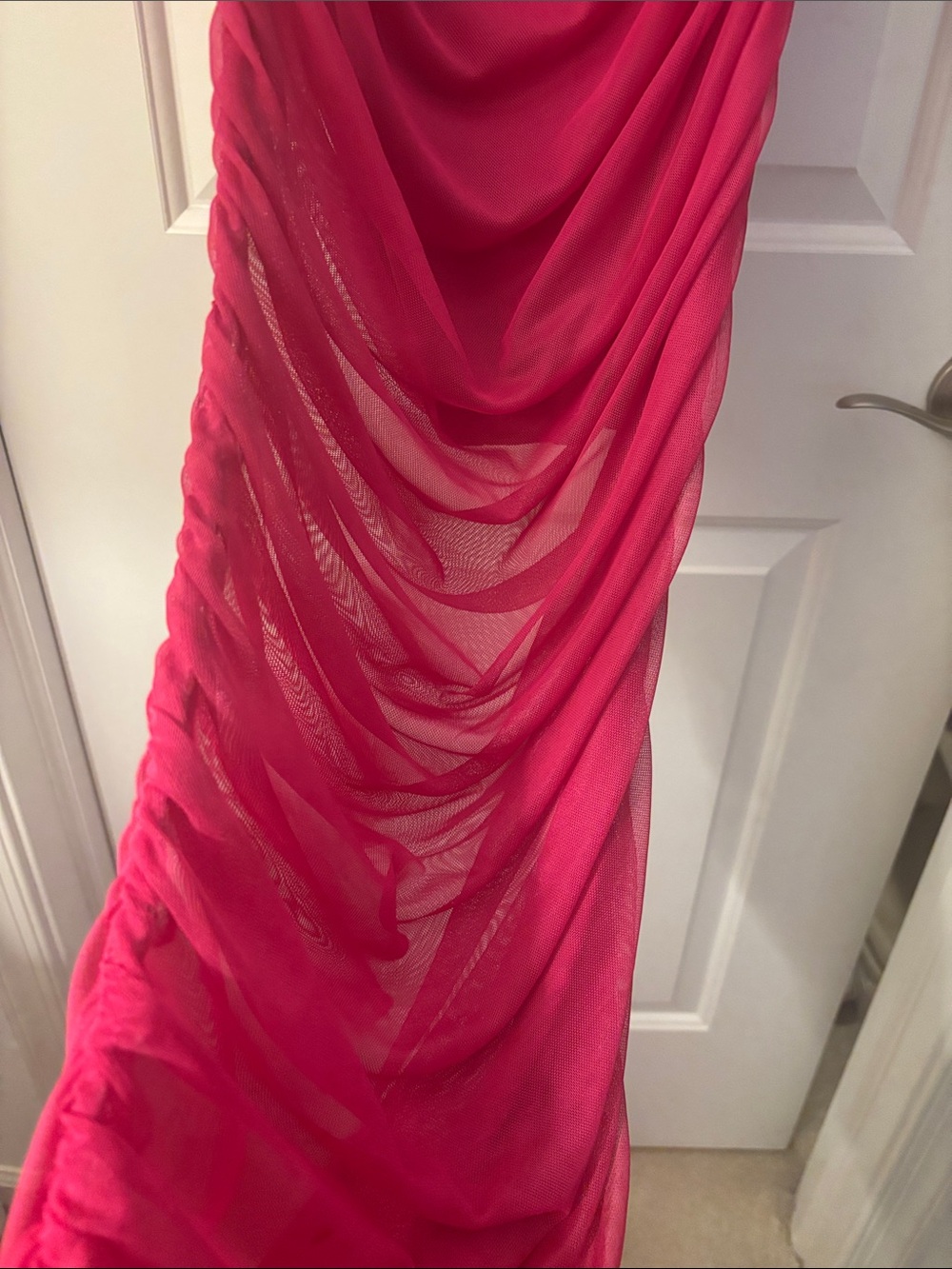 Fashion Nova Magenta Off-Shoulder Ruched Long Sleeve Gown - Picture 4 of 4